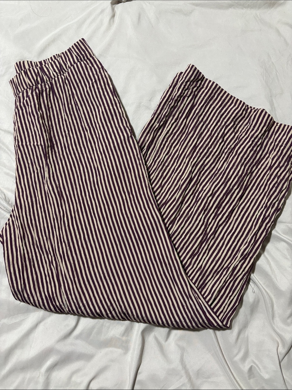 Zara Burgundy and White Vertical-Strip Wide Leg Pants